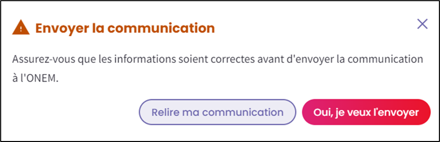 Screenshot with question if one really wants to send the communication. Button to read the communication again and another one, in red, to send the communication.