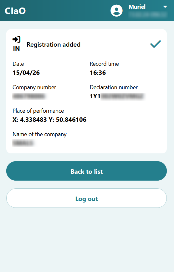 Confirmation screen indicating that an IN registration has been added, displaying the registration details: type of registration, date, time, company number, declaration number, place of performance, and employer name. Two action buttons are available: “Back to list” and “Log out”.