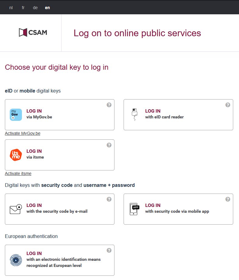 CSAM login screen showing the available digital authentication methods.