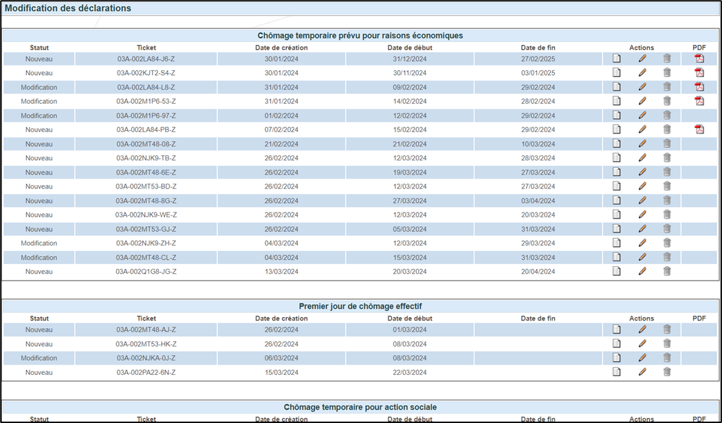 Screenshot with list of communications, showing data, possible actions (change or delete) and pdf.