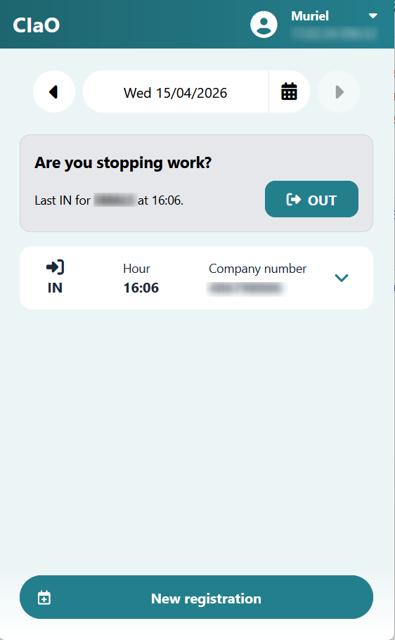 CIaO home page displaying the worker’s name, the current date, a list of registrations, a “Stop working?” prompt with an OUT button, and the “New registration” button.