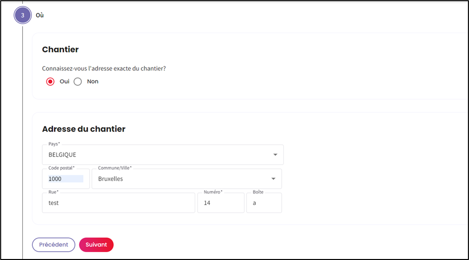 Screenshot to fill in information about the adress of the site. The yes-button is red, meaning that the site is known. Thereunder, fill in the fields for the address. At the bottom of the page you can return to the previous page clicking the left button and you can switch to the next page clicking the right button, which is marked red.