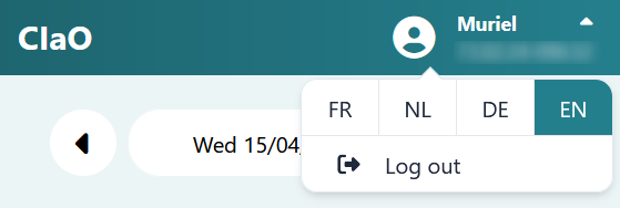 CIaO home page showing the logged‑in worker’s name at the top together with the language interface selection.
