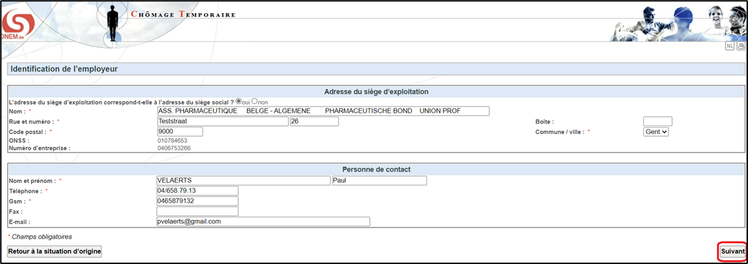 Screenshot for identification as employeur. Possibility to check address and contact partner. Button to continue on next page at the bottom right.