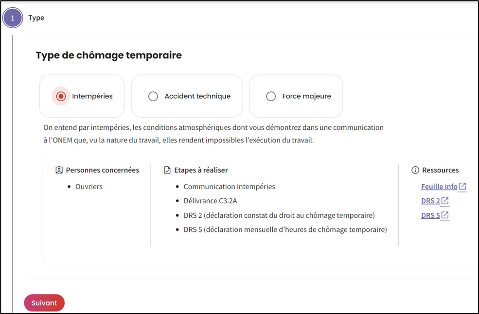 Screenshot to choose type of temporary unemployment. Bad weather is chosen and marked with a red point. Button to switch to next page at the bottom left.