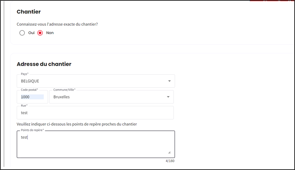 Screenshot to fill in information about the adress of the site. On this page, the button no ist red, which means that the adress of the site is not known. You can fill in a field with information about places in the area of the site.