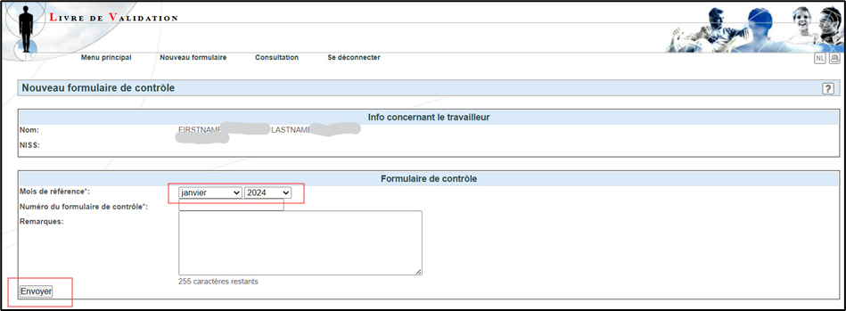 Screenshot of validation book, showing the new control form. Button to choose the month and year in the middle. Button to send the form in the bottom left.