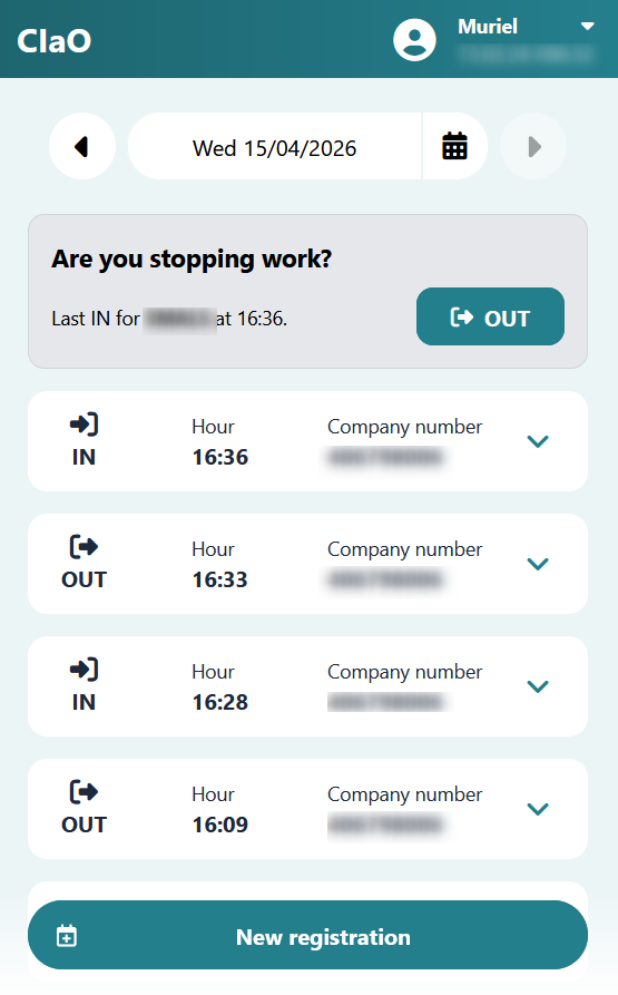 List of registrations for the current day, with the “New registration” button displayed at the bottom of the screen.