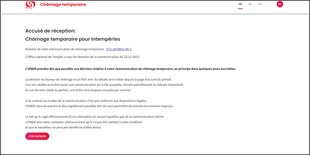 Screenshot of acknowledgement of receipt. A communication number and the date of the submission of the communication are shown. By clicking the red button at the bottom of the page you give your agreement.