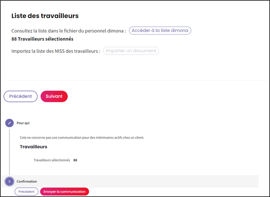 Screenshot with number of employees selected. Possibility to go to previous or to next page and to send the communication.