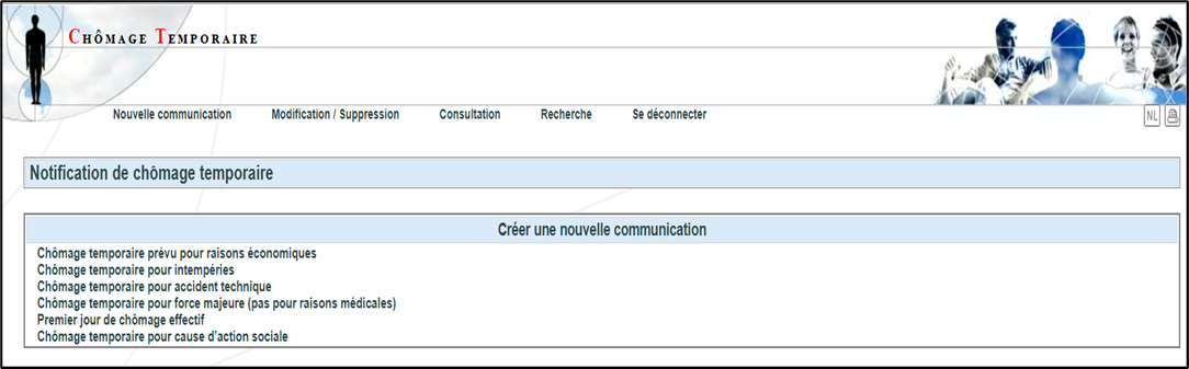 Screenshot of page temporary unemployment. Possibility to choose the type of temporary unemployment from a given list.