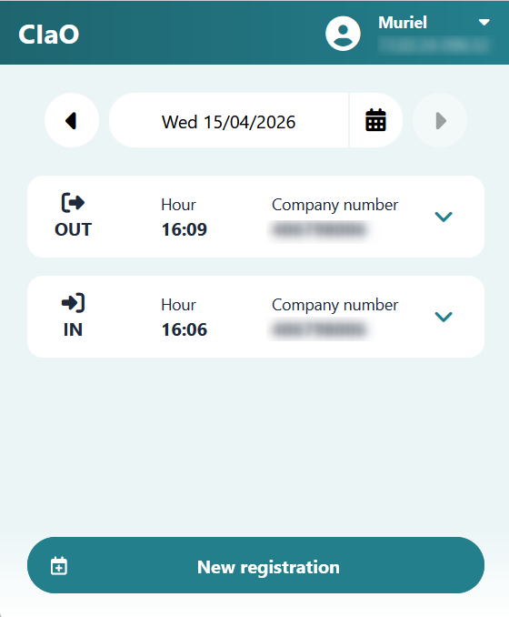 CIaO home page showing the logged‑in worker’s name at the top, followed by the current date and a list of IN and OUT registrations with their time and associated company number. The “New registration” button is displayed at the bottom of the screen.